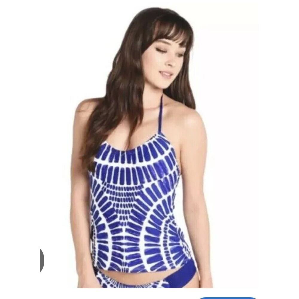 Trina Turk Swim Tankini‎ Top Size 4 Algiers Blue White Halter Gold Tone Tassels